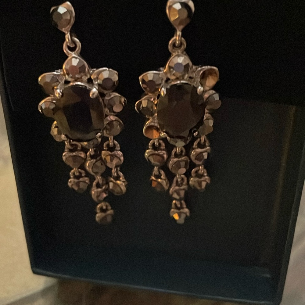 Vintage black faux gem and silver dangling earrings.